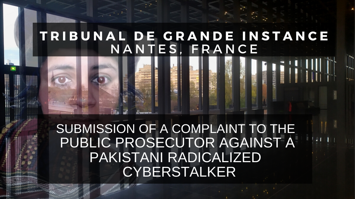 Today, November 21, 2019, a complaint to the Public Prosecutor was registered at Loire-Atlantique high court (Tribunal de Grande Instance) against the cyberstalker Ramla Akhtar, aka Rmala Aalam, who sent 296 tweets against @bernardgrua in two months under her account @barefootRamster (recently changed to @barefoot_rmala). The accusations are harassment, defamation and calumnious delation. A complaint was also registered against Twitter .