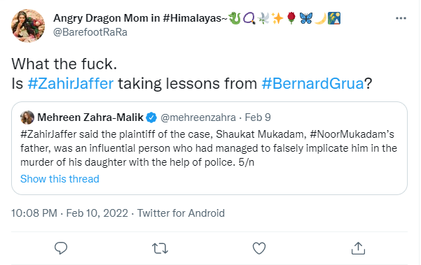 Ramla Akhtar, retour au harcèlement depuis son compte twitter principal @BarefootRara, février 2022 - un